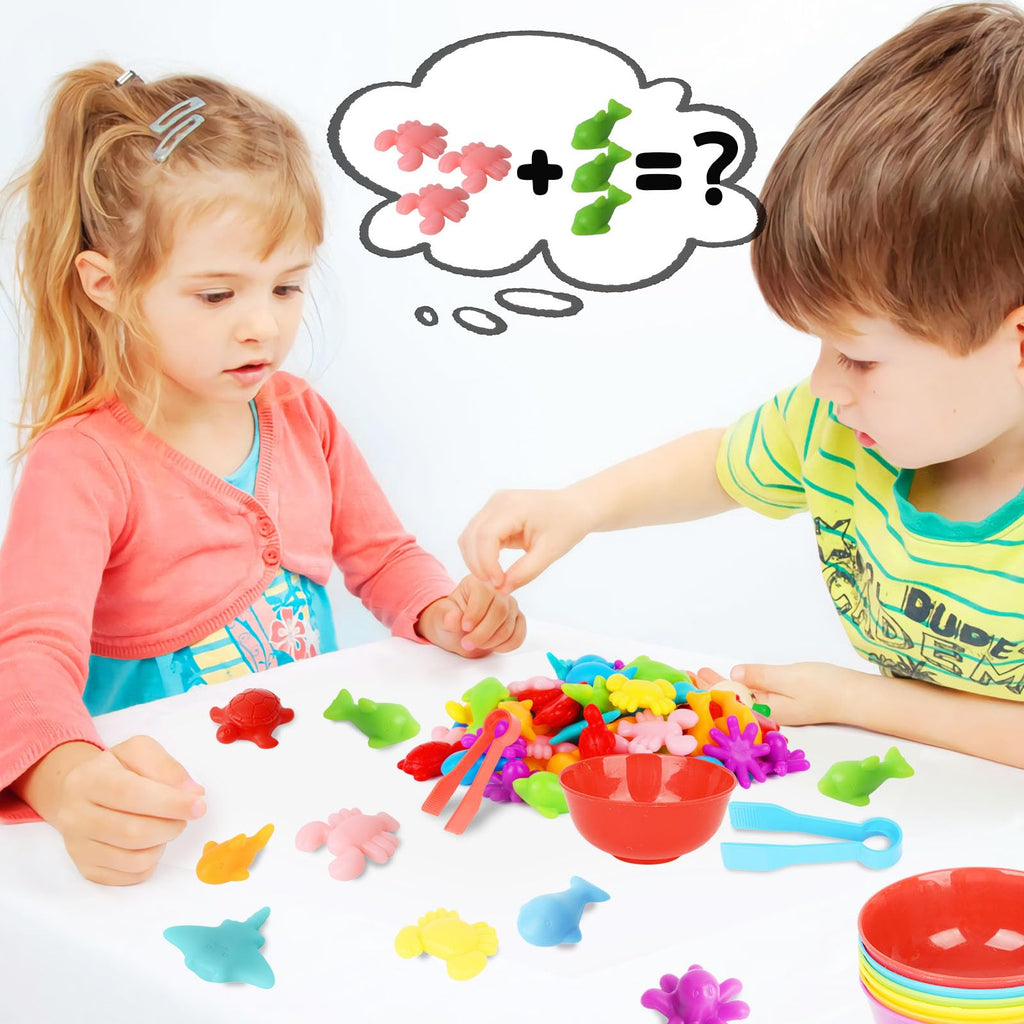 AMOR PRESENT 64-Piece Ocean Animal Counting & Sorting Toy Set for Toddlers - Montessori Math Game with 56 Animals, 6 Bowls & 2 Tweezers