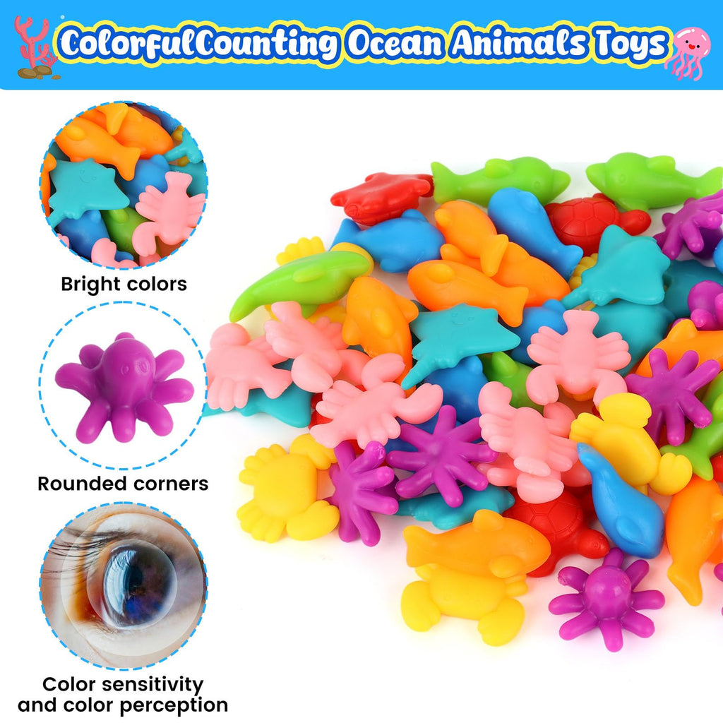 AMOR PRESENT 64-Piece Ocean Animal Counting & Sorting Toy Set for Toddlers - Montessori Math Game with 56 Animals, 6 Bowls & 2 Tweezers