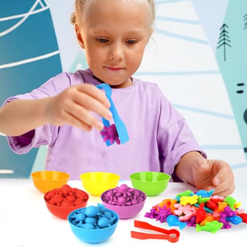 AMOR PRESENT 64-Piece Ocean Animal Counting & Sorting Toy Set for Toddlers - Montessori Math Game with 56 Animals, 6 Bowls & 2 Tweezers