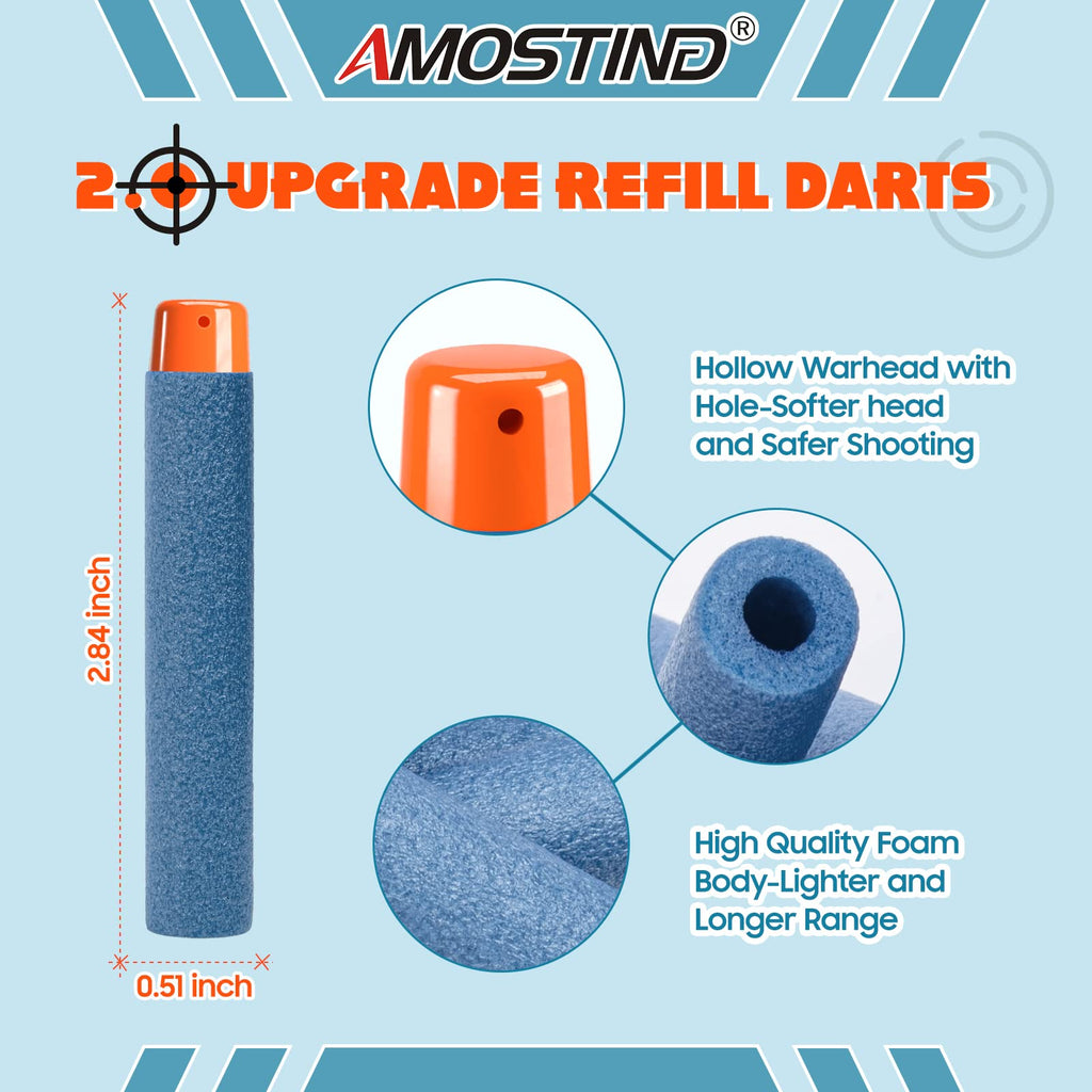 AMOSTING 100-Pack Blue Foam Darts Compatible with Nerf Elite Blasters – Includes Storage Bag