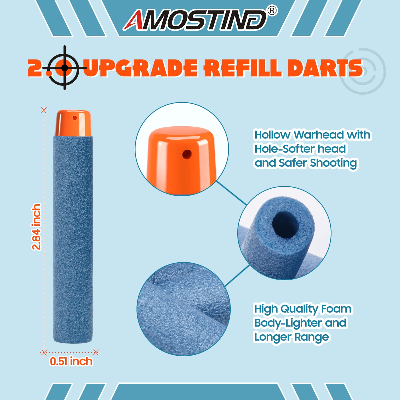 AMOSTING 100-Pack Blue Foam Darts Compatible with Nerf Elite Blasters – Includes Storage Bag