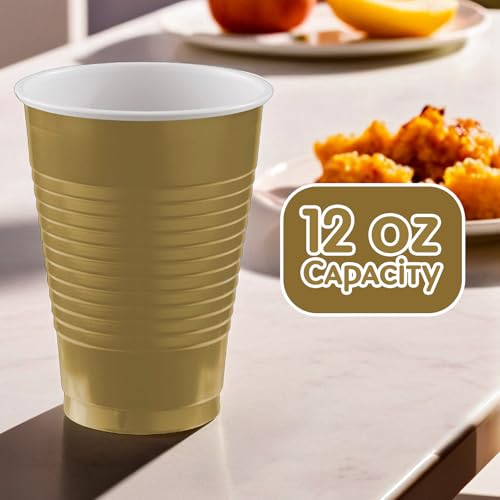 Amscan Premium Gold Plastic Cups (12 oz) – 50 Pack, Heavy-Duty & Reusable for Parties