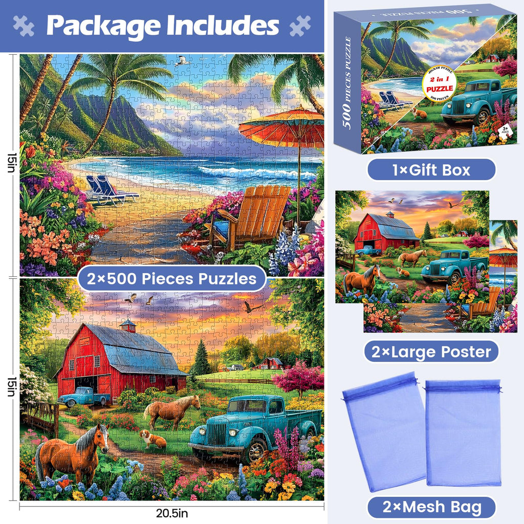 Amusding 2-Pack 500-Piece Jigsaw Puzzles - US Countryside Farm & Cottage Scenes, 20.5 x 15 Inches