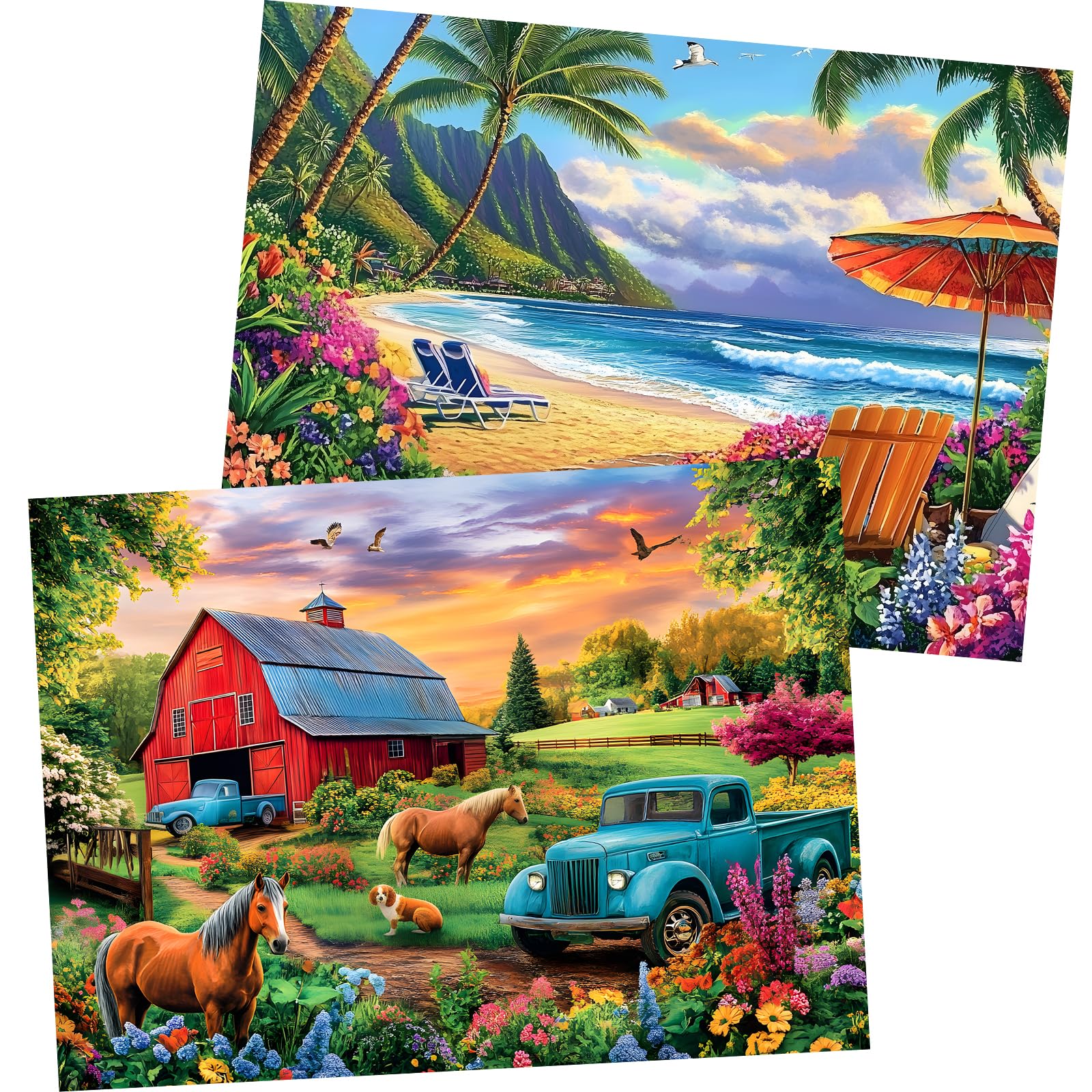 Amusding 2-Pack 500-Piece Jigsaw Puzzles for Adults – Farm & Beach Scenes, No Dust, 20.5 x 15 Inches