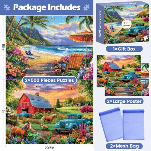 Amusding 2-Pack 500-Piece Jigsaw Puzzles for Adults – Farm & Beach Scenes, No Dust, 20.5 x 15 Inches