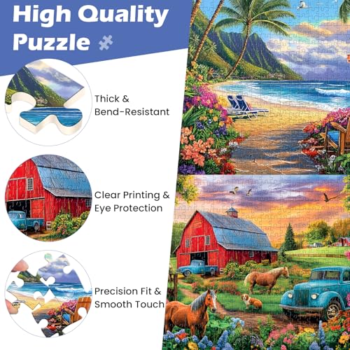 Amusding 2-Pack 500-Piece Jigsaw Puzzles for Adults – Farm & Beach Scenes, No Dust, 20.5 x 15 Inches