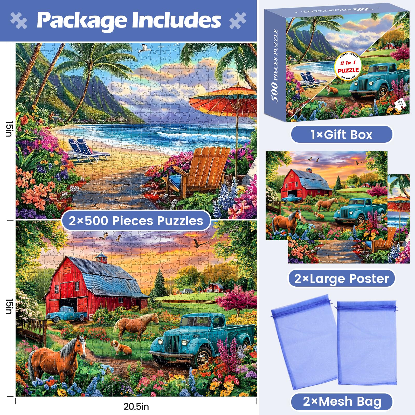 Amusding 2-Pack 500-Piece Jigsaw Puzzles for Adults – Farm & Beach Scenes, No Dust, 20.5 x 15 Inches