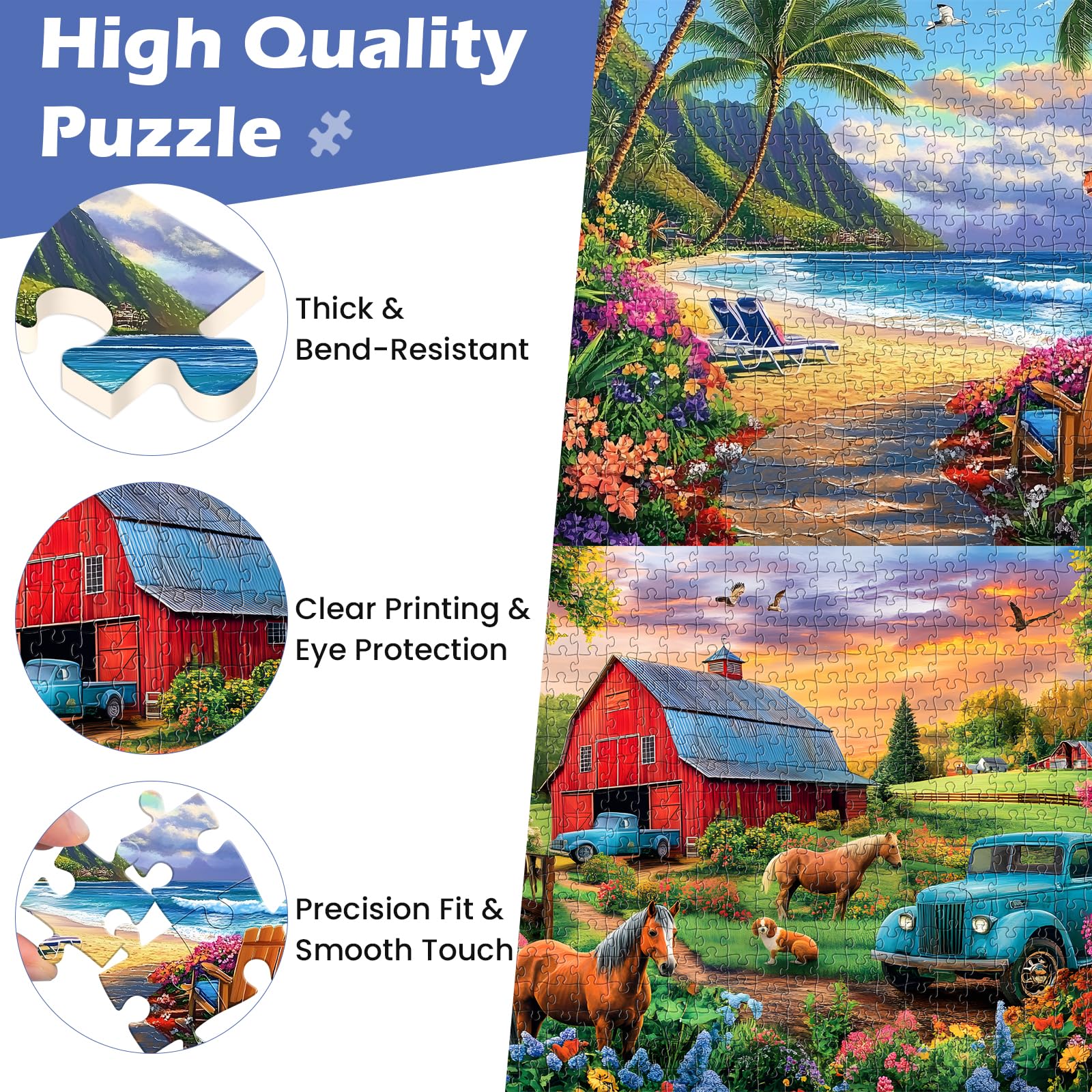 Amusding 2-Pack 500-Piece Jigsaw Puzzles for Adults – Farm & Beach Scenes, No Dust, 20.5 x 15 Inches