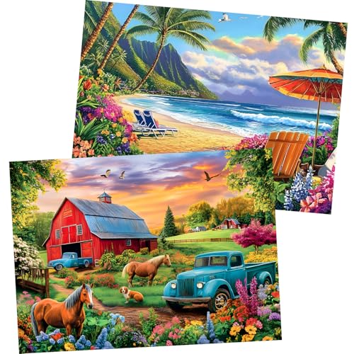 Amusding 2-Pack 500-Piece Jigsaw Puzzles for Adults – Farm & Beach Scenes, No Dust, 20.5 x 15 Inches
