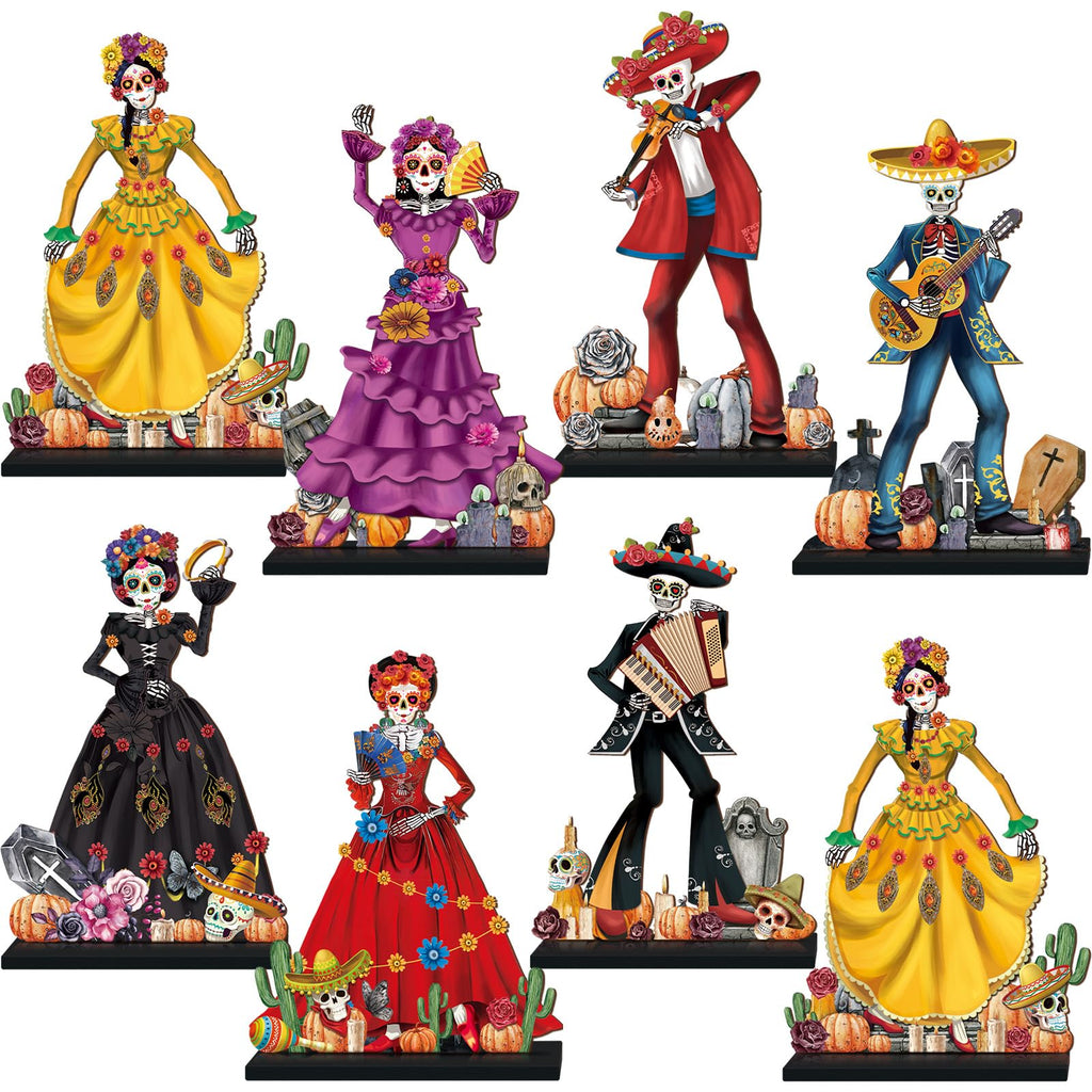 Amyhill 8-Piece Day of the Dead Wooden Skull Centerpieces - Dia de los Muertos Table Decorations with Stands, 15 cm Tall