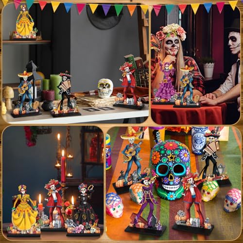 Amyhill 8-Piece Day of the Dead Wooden Skull Centerpieces - Dia de los Muertos Table Decorations with Stands, 15 cm Tall