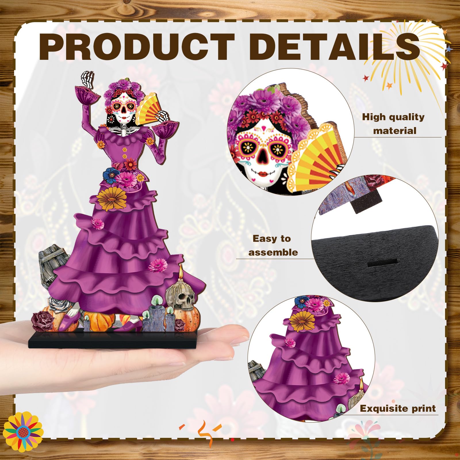 Amyhill 8-Piece Day of the Dead Wooden Skull Centerpieces - Dia de los Muertos Table Decorations with Stands, 15 cm Tall