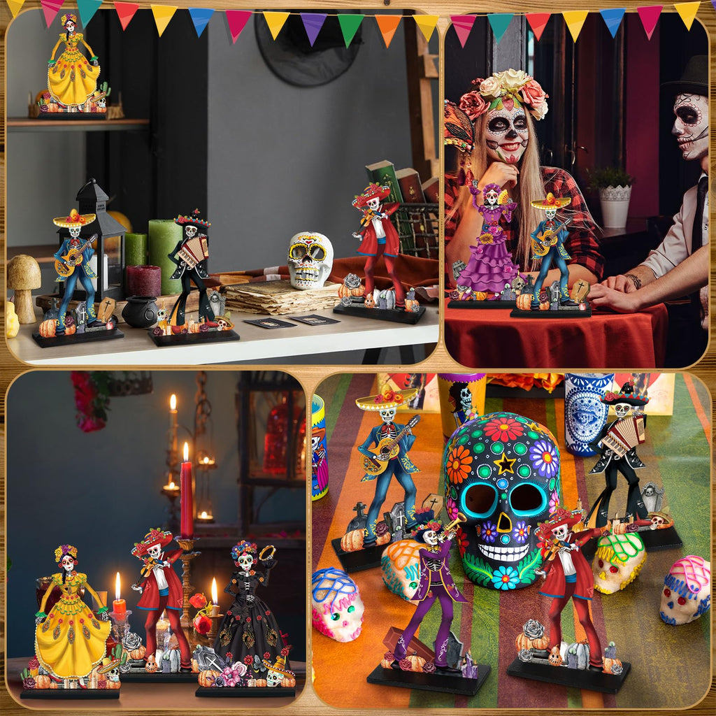 Amyhill 8-Piece Day of the Dead Wooden Skull Centerpieces - Dia de los Muertos Table Decorations with Stands, 15 cm Tall
