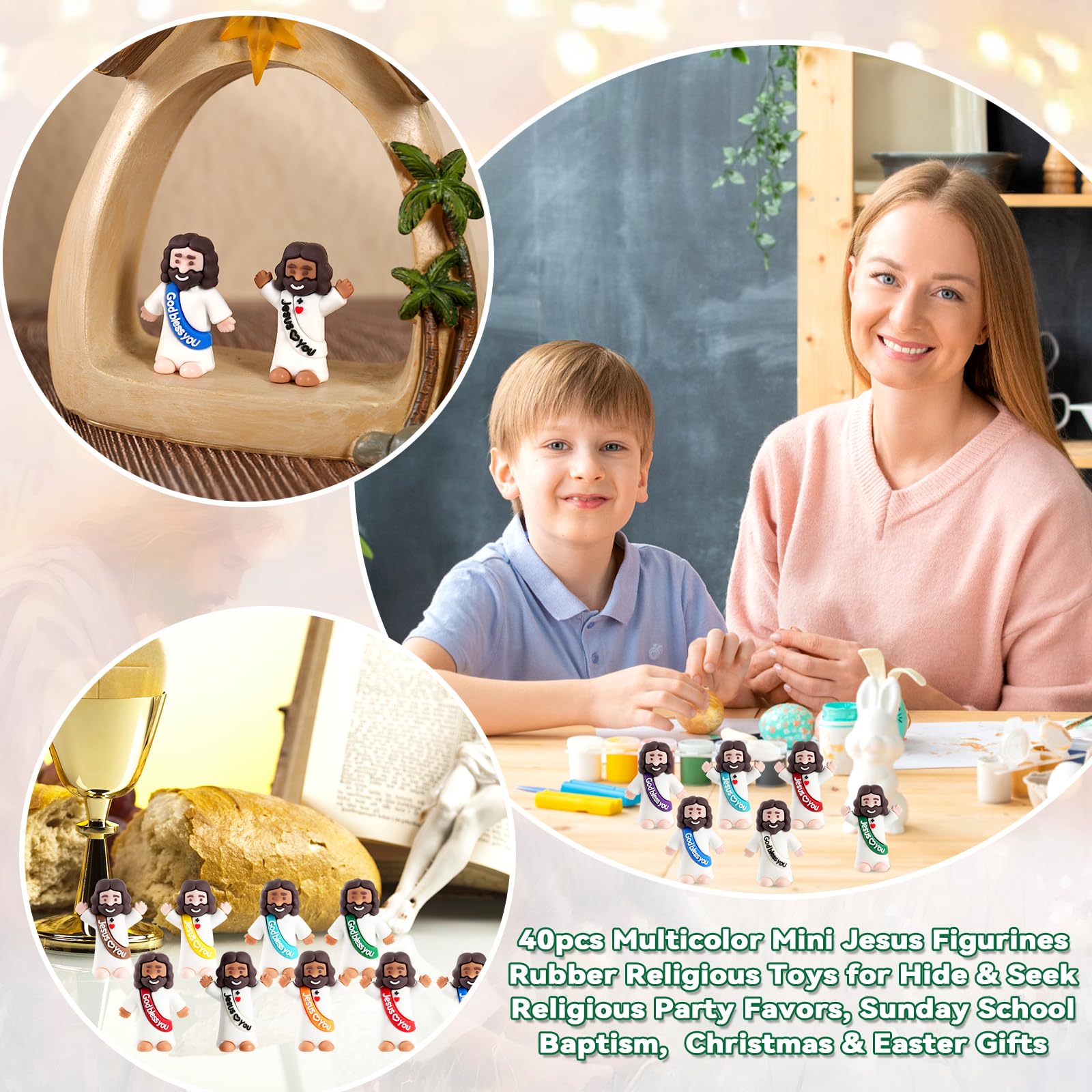AMZFAVOR 40-Pack Mini Jesus Figures – Tiny Rubber Baby Jesus in 10 Colors for Easter Egg Hunts, Valentine's Gifts, and Sunday School Supplies