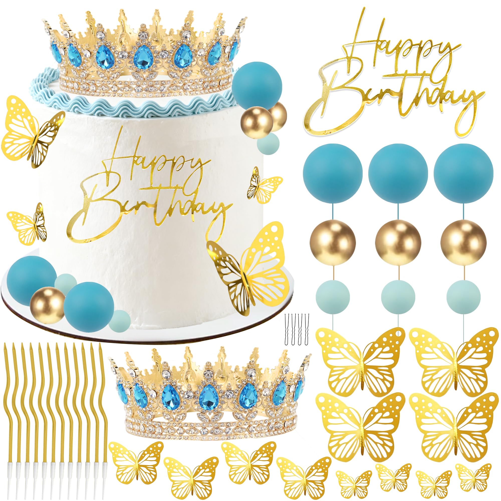AMZVALU Blue & Gold Crown Cake Topper Set with Butterflies, Candles, and Happy Birthday Sign