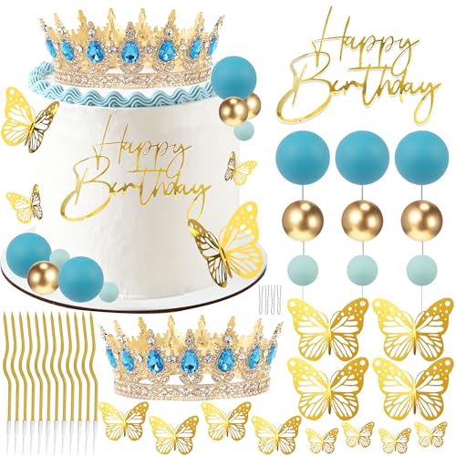 AMZVALU Blue & Gold Crown Cake Topper Set with Butterflies, Candles, and Happy Birthday Sign