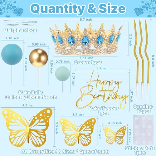 AMZVALU Blue & Gold Crown Cake Topper Set with Butterflies, Candles, and Happy Birthday Sign