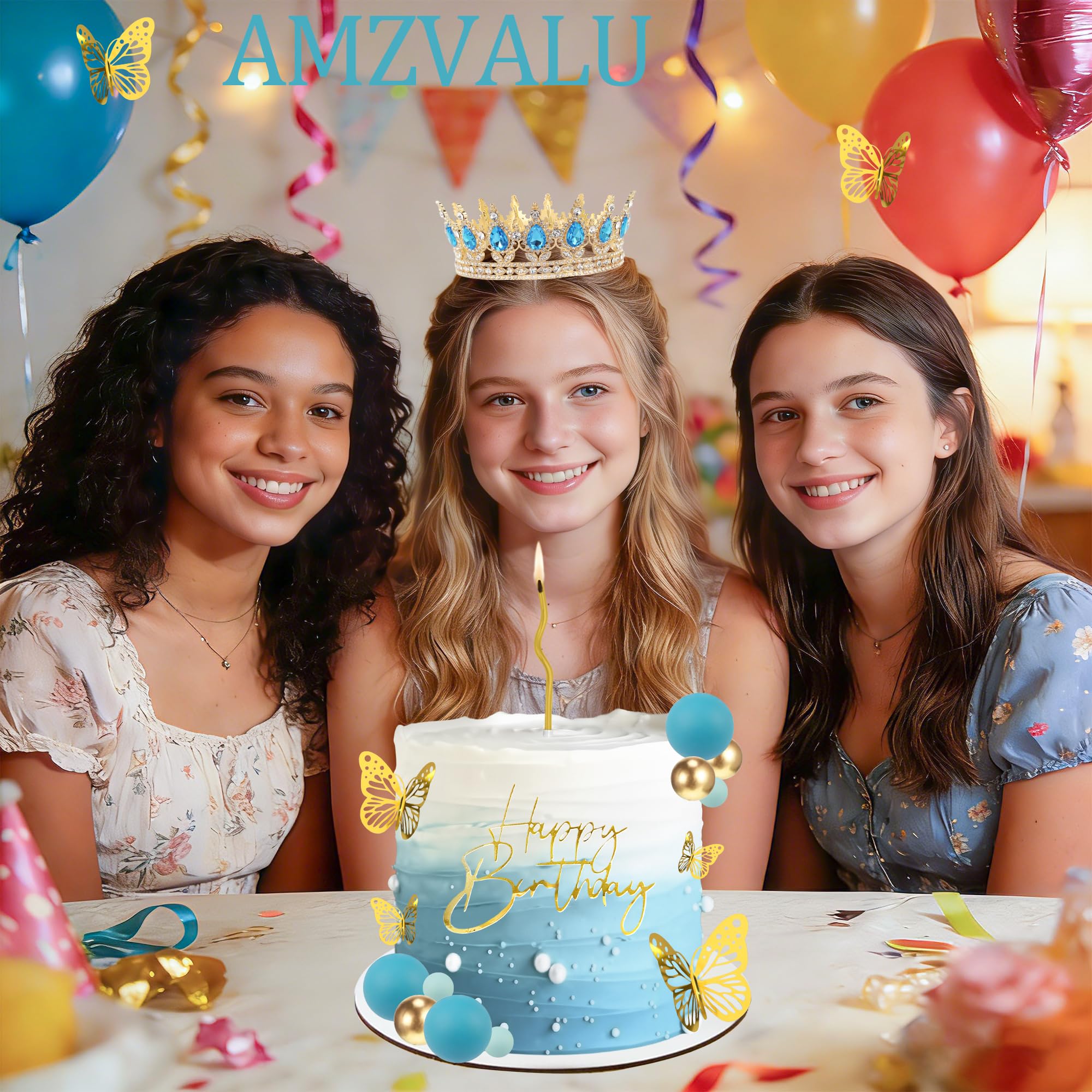 AMZVALU Blue & Gold Crown Cake Topper Set with Butterflies, Candles, and Happy Birthday Sign