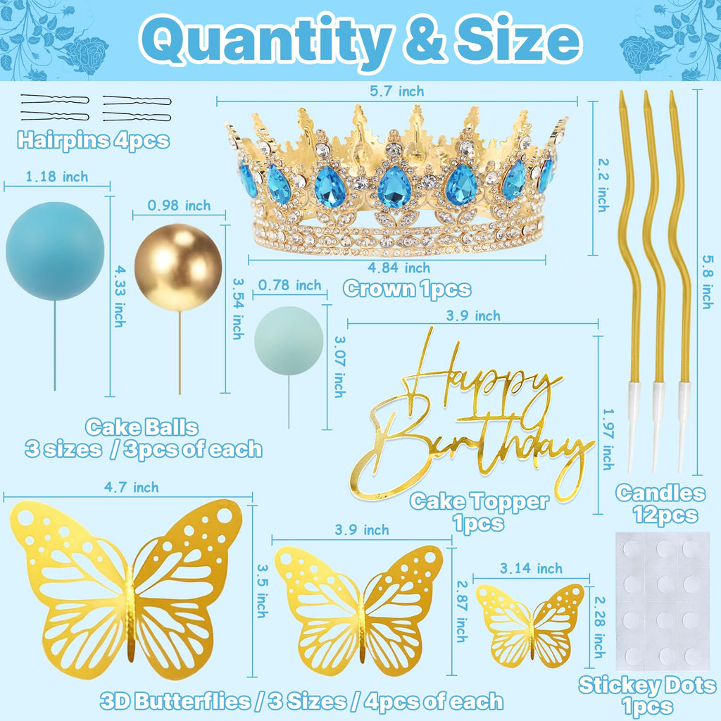 AMZVALU Blue & Gold Crown Cake Topper Set with Butterflies, Candles, and Happy Birthday Sign