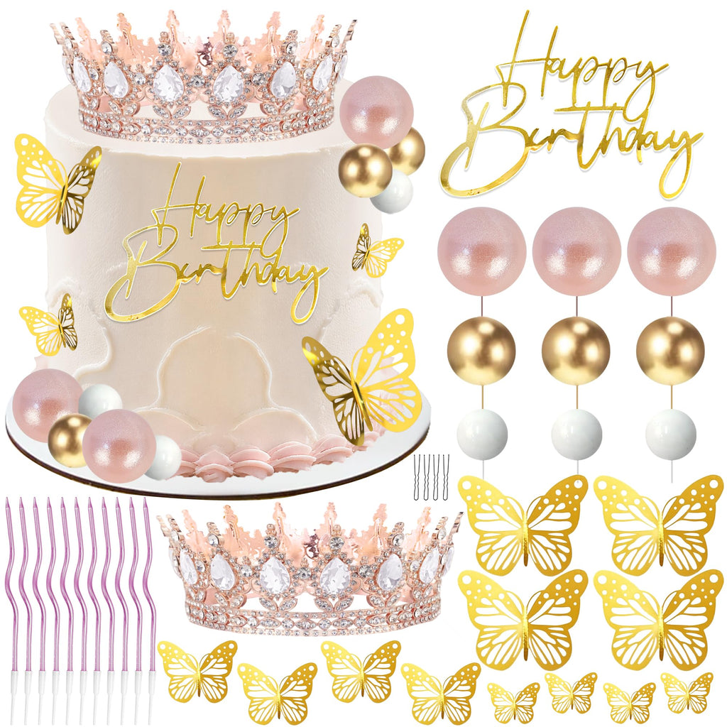 AMZVALU Crown Cake Topper Set – Rose Gold Crown, Gold Butterflies, Candles, and Happy Birthday Topper