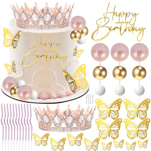 AMZVALU Crown Cake Topper Set – Rose Gold Crown, Gold Butterflies, Candles, and Happy Birthday Topper