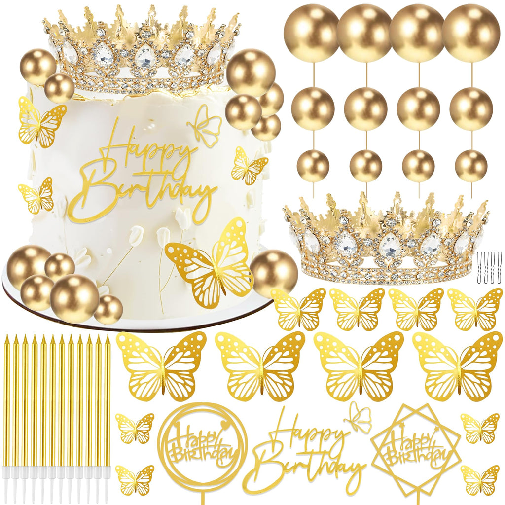 AMZVALU Gold and White Crown Cake Topper Set with Balls, Butterflies, Candles, and Happy Birthday Decorations for Women's Queen or Princess Birthday Parties