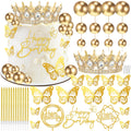 AMZVALU Gold and White Crown Cake Topper Set with Balls, Butterflies, Candles, and Happy Birthday Decorations for Women's Queen or Princess Birthday Parties