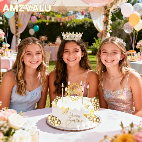 AMZVALU Gold and White Crown Cake Topper Set with Balls, Butterflies, Candles, and Happy Birthday Decorations for Women's Queen or Princess Birthday Parties