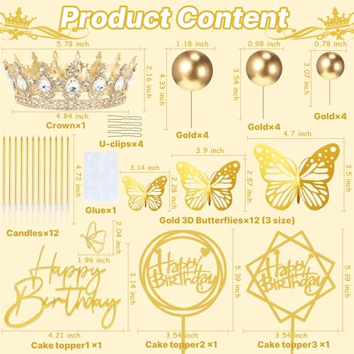 AMZVALU Gold and White Crown Cake Topper Set with Balls, Butterflies, Candles, and Happy Birthday Decorations for Women's Queen or Princess Birthday Parties