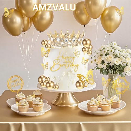 AMZVALU Gold and White Crown Cake Topper Set with Balls, Butterflies, Candles, and Happy Birthday Decorations for Women's Queen or Princess Birthday Parties