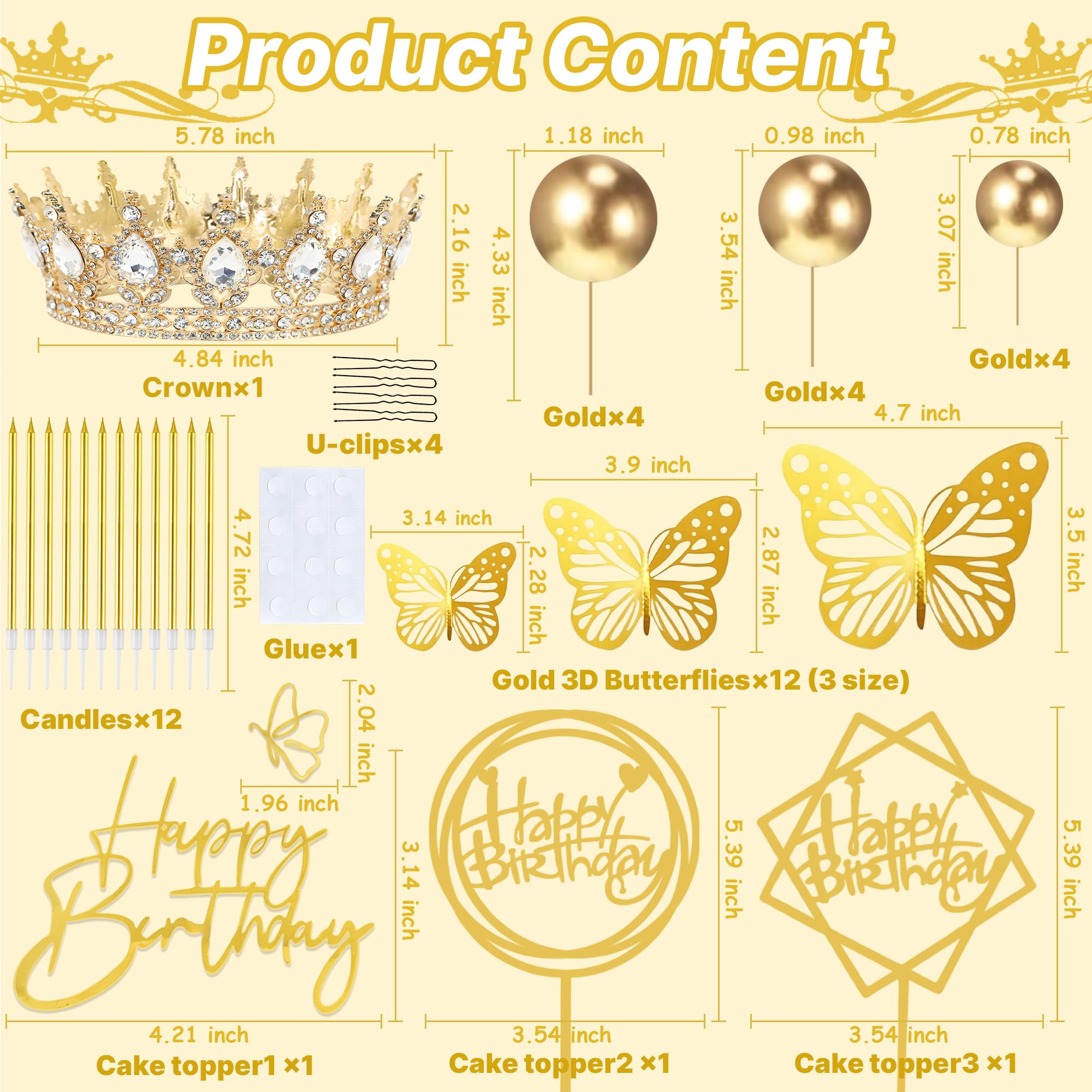 AMZVALU Gold and White Crown Cake Topper Set with Balls, Butterflies, Candles, and Happy Birthday Decorations for Women's Queen or Princess Birthday Parties
