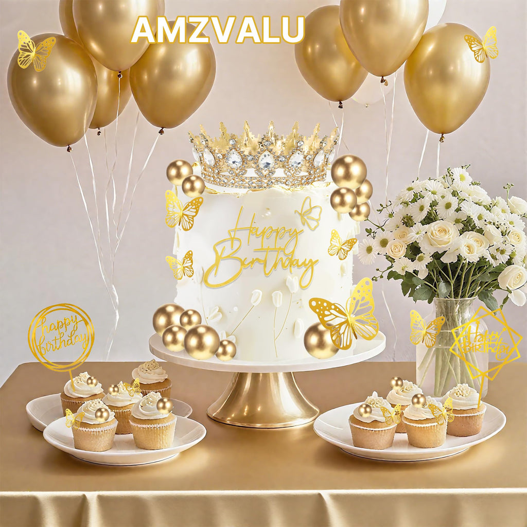 AMZVALU Gold and White Crown Cake Topper Set with Balls, Butterflies, Candles, and Happy Birthday Decorations for Women's Queen or Princess Birthday Parties