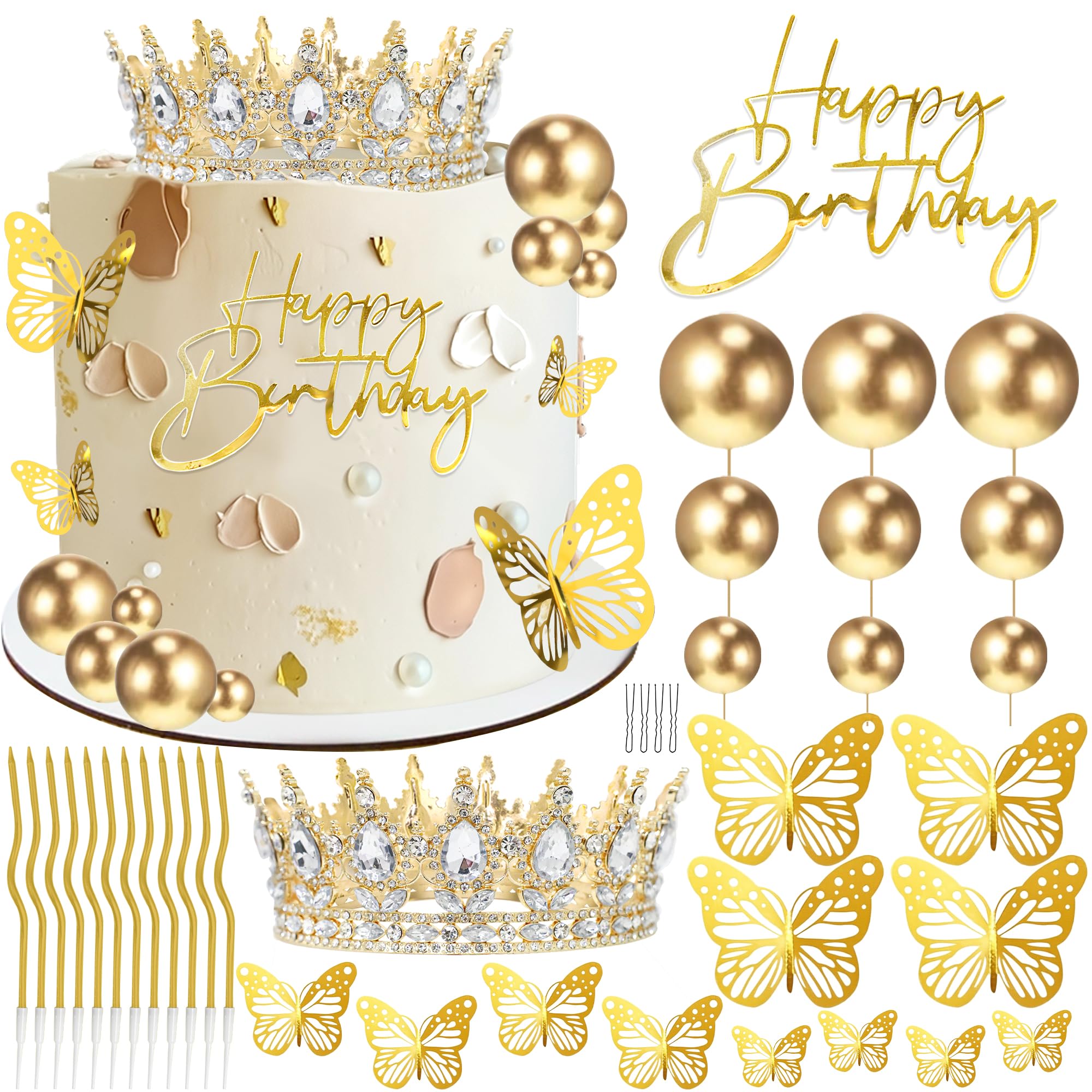 AMZVALU Gold Birthday Cake Topper Set with Crown, Balls, Butterflies, Candles - 35 Piece Party Decoration