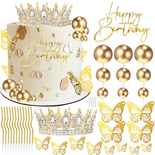 AMZVALU Gold Birthday Cake Topper Set with Crown, Balls, Butterflies, Candles - 35 Piece Party Decoration