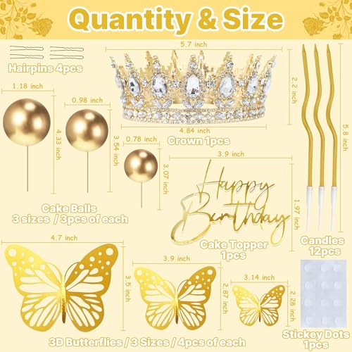 AMZVALU Gold Birthday Cake Topper Set with Crown, Balls, Butterflies, Candles - 35 Piece Party Decoration