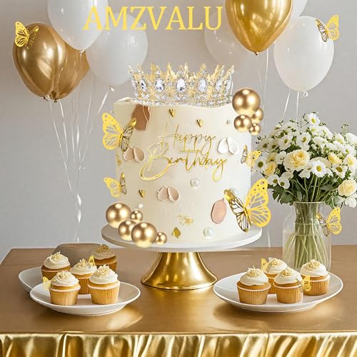 AMZVALU Gold Birthday Cake Topper Set with Crown, Balls, Butterflies, Candles - 35 Piece Party Decoration