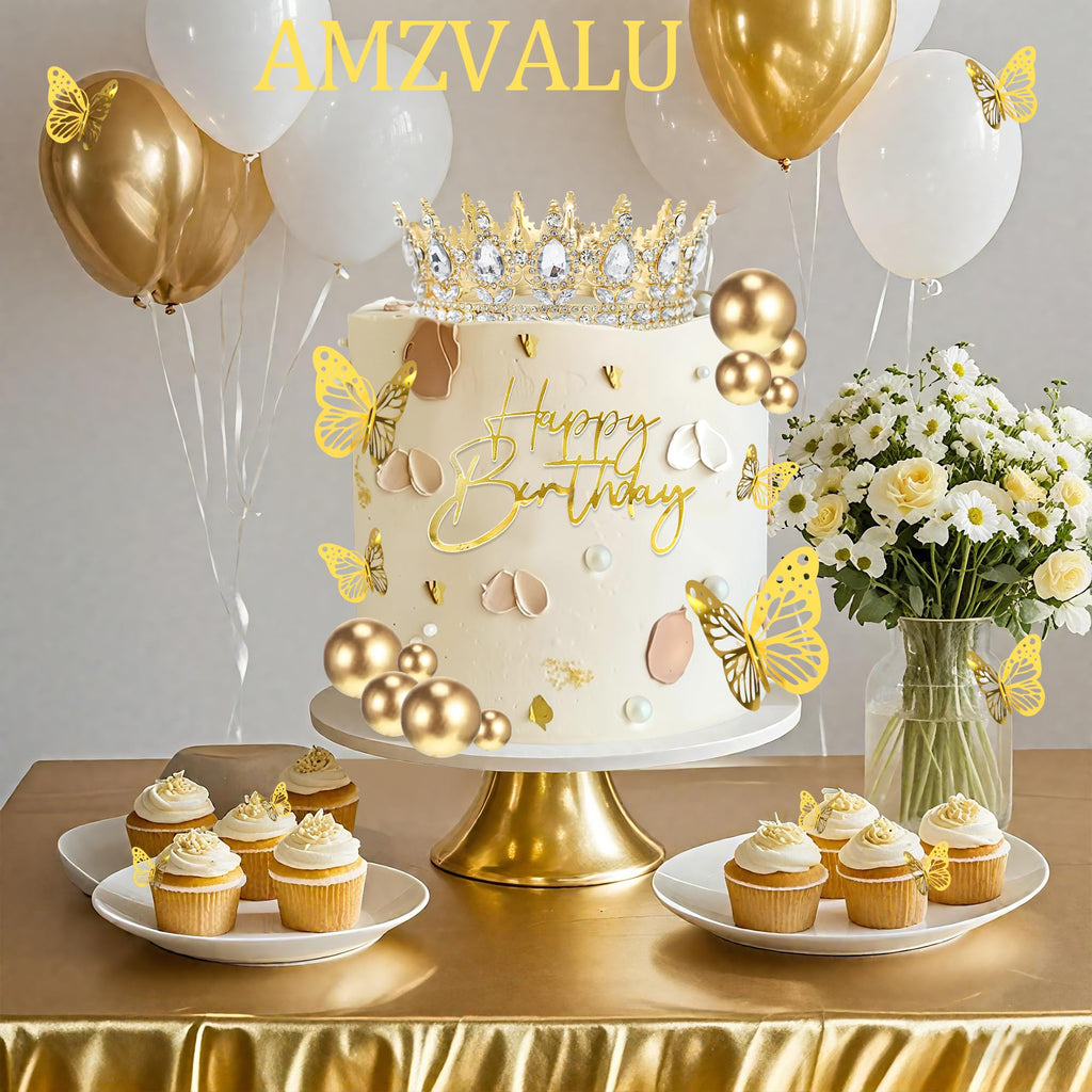 AMZVALU Gold Birthday Cake Topper Set with Crown, Balls, Butterflies, Candles - 35 Piece Party Decoration