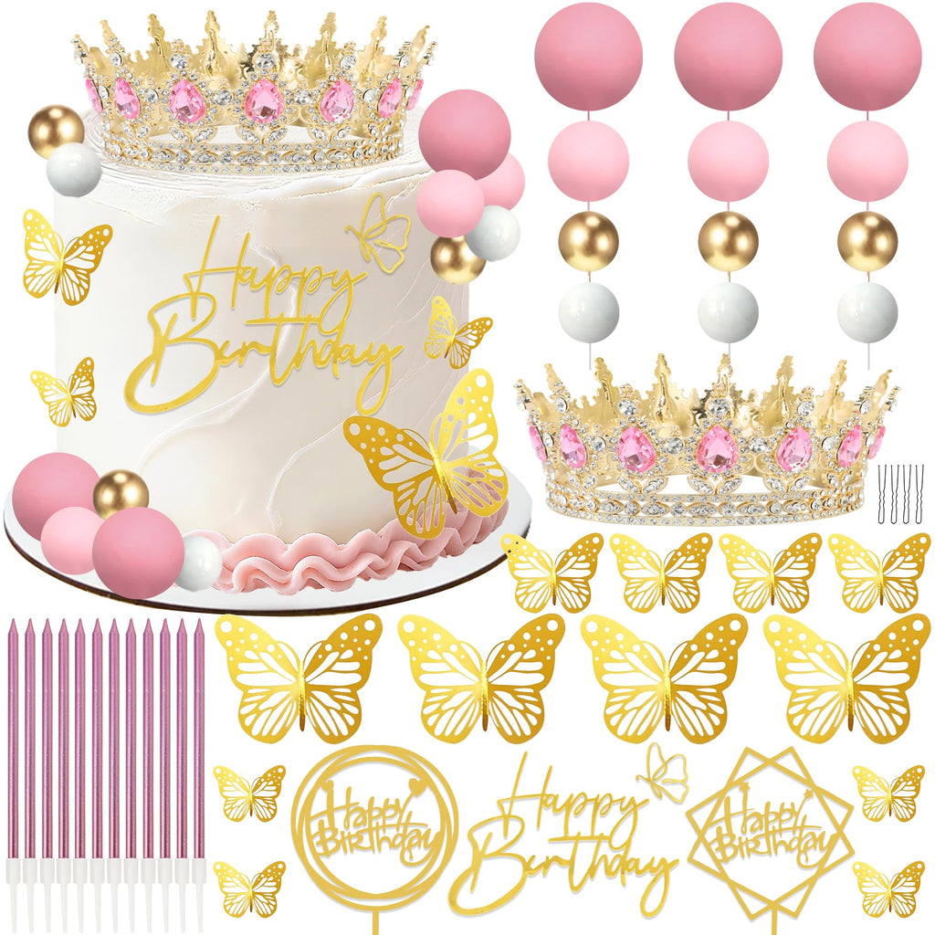 AMZVALU Pink Gold Crown Cake Topper Set - Reusable Crown with Balls, Butterflies, Candles, Happy Birthday Decor for Women Queen Princess Party