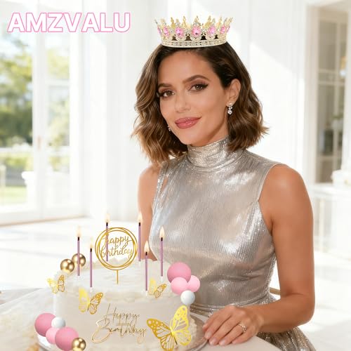 AMZVALU Pink Gold Crown Cake Topper Set - Reusable Crown with Balls, Butterflies, Candles, Happy Birthday Decor for Women Queen Princess Party