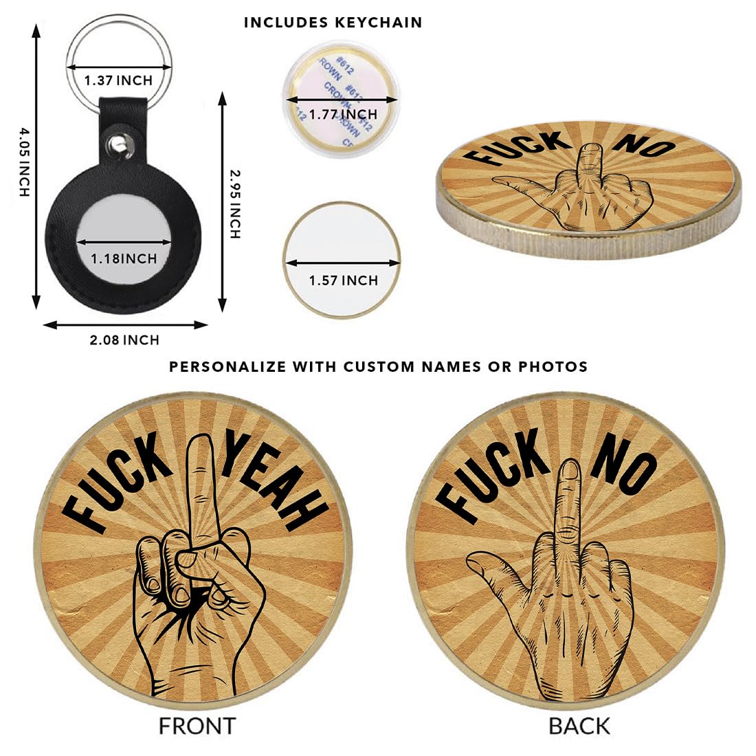 Andaz Press Fuck No Fuck Yeah Decision Coin – Funny Gag Gift with Keychain, 1.77-Inch Customizable Flip Coin