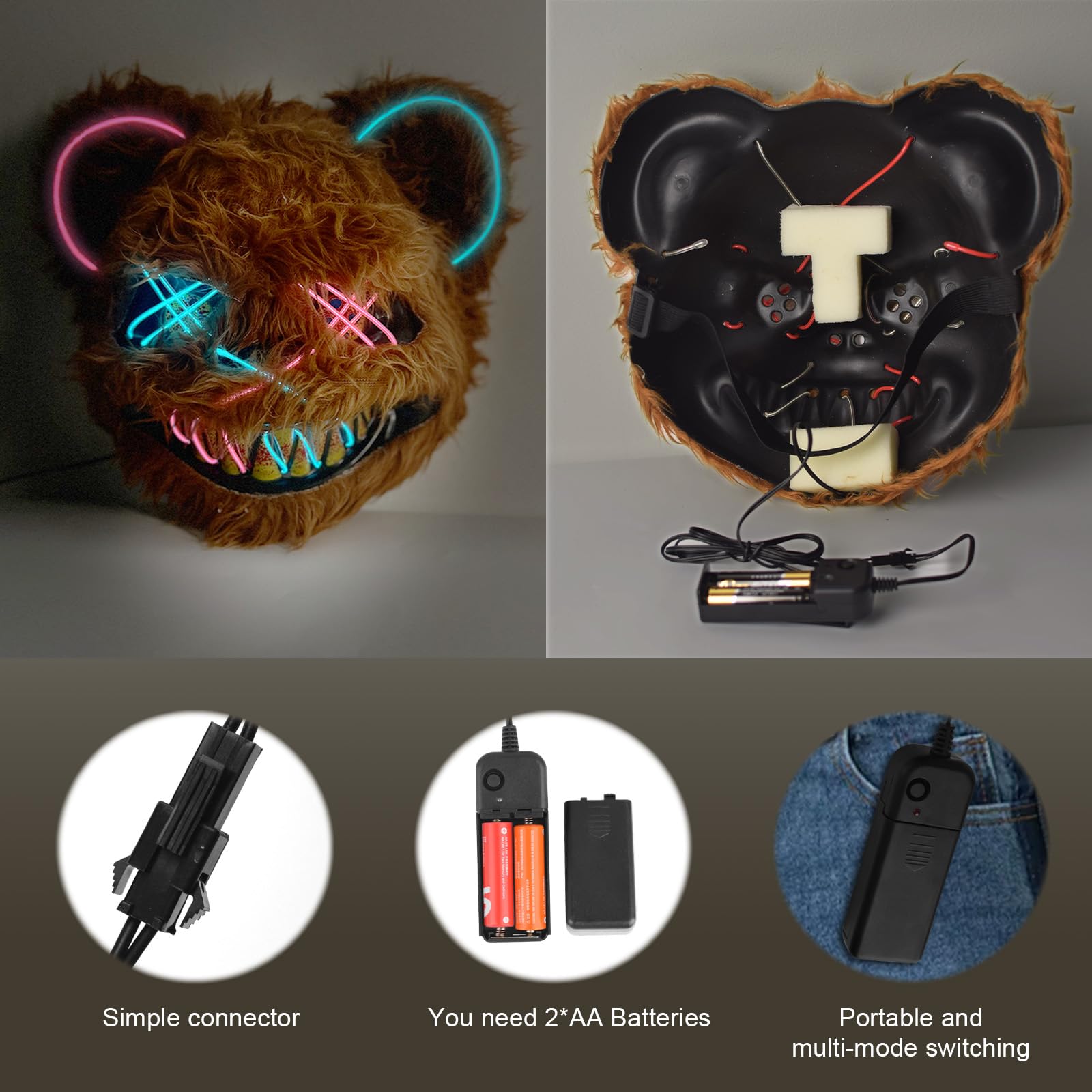 AndTree LED Scary Bear Mask with Multiple Lighting Modes for Halloween Cosplay