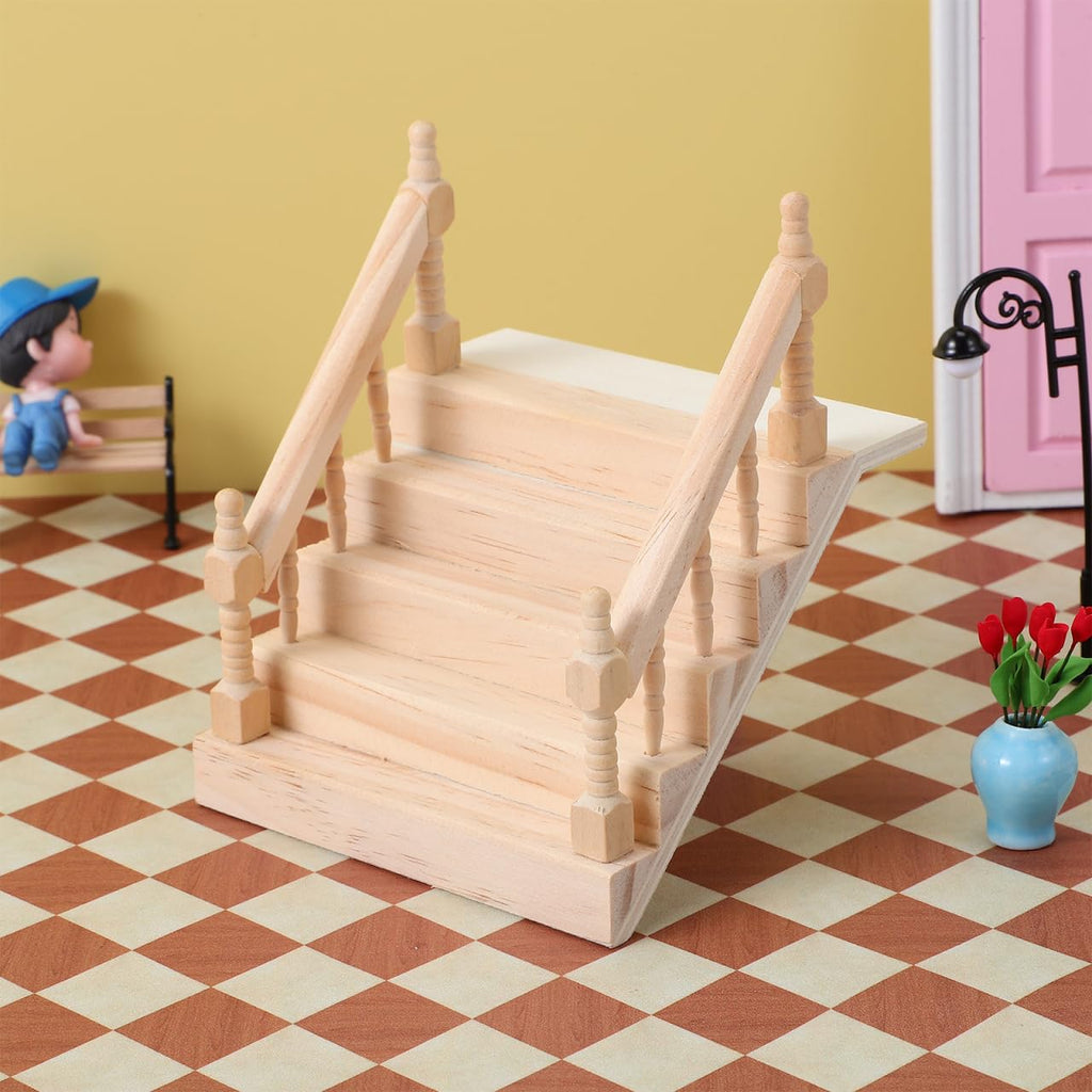 Angoily Miniature Dollhouse Staircase with Handrail – Wooden Desktop Ornament for Scene Building