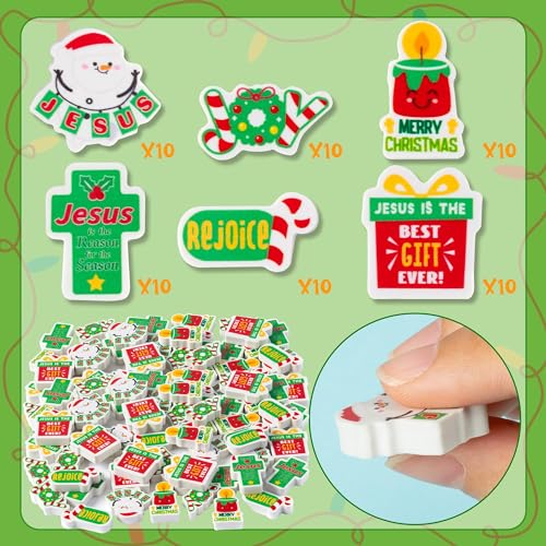 ANGOLIO 60-Pack Christian Mini Pencil Top Erasers – Religious Christmas Designs for Classroom Prizes and Party Favors