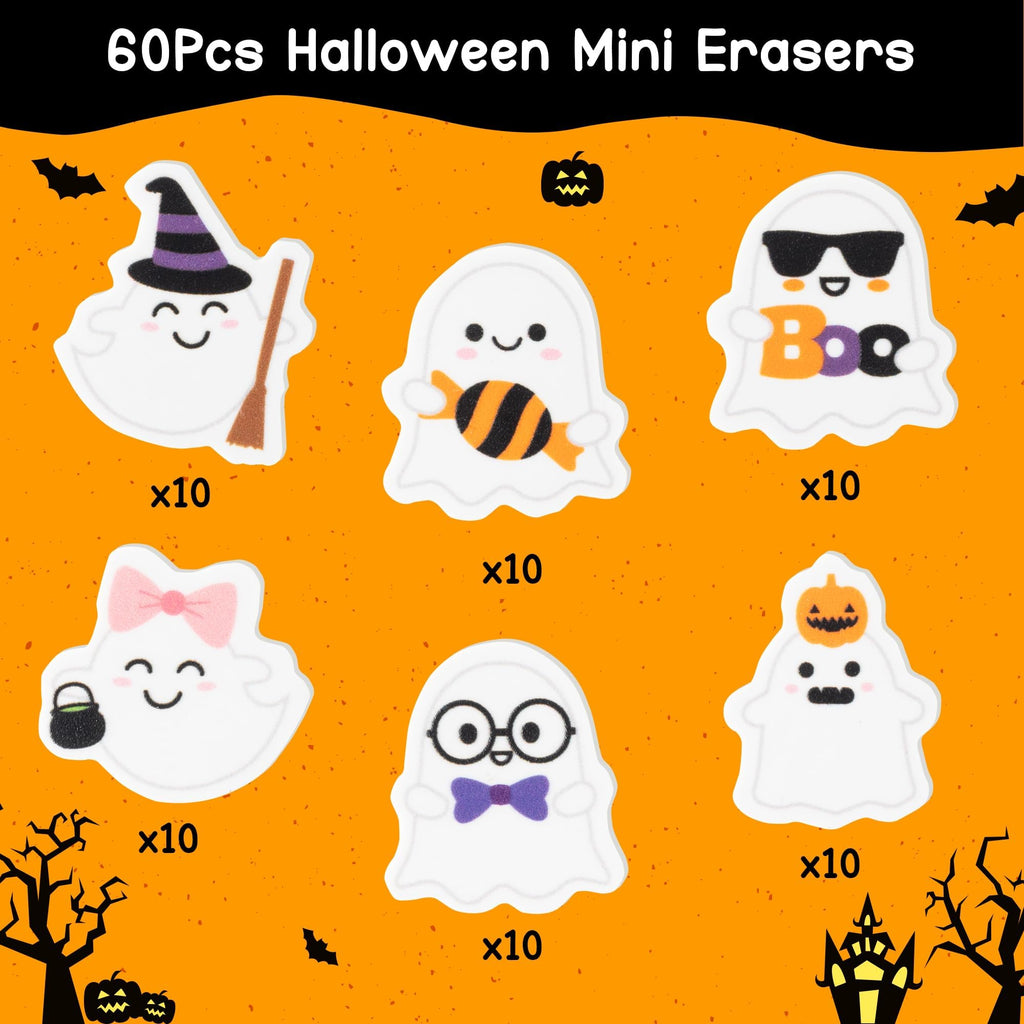 ANGOLIO 60-Pack Halloween Ghost Mini Erasers - Bulk Spooky Erasers for Kids, Party Favors, Classroom Rewards