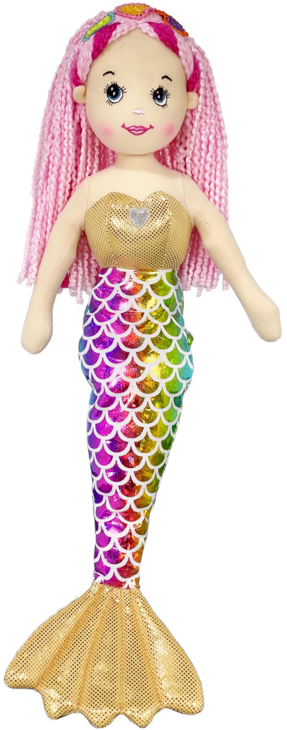 Anico 18 Inch Mermaid Plush Doll – Blonde Hair with Pink Streaks, Rainbow Tail, Soft Stuffed Mermaid Toy for Kids