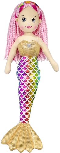 Anico 18 Inch Mermaid Plush Doll – Blonde Hair with Pink Streaks, Rainbow Tail, Soft Stuffed Mermaid Toy for Kids
