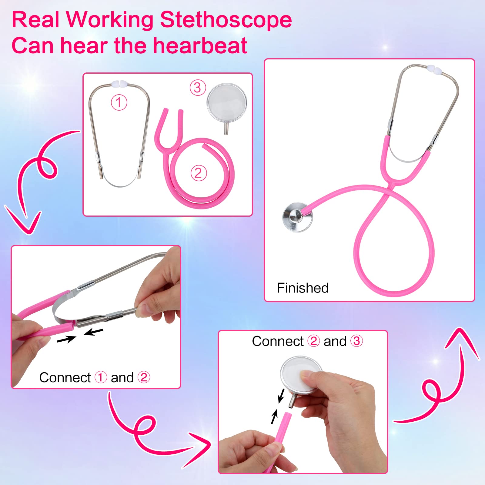 ANPHILE Kids Doctor Costume Set – White & Pink Lab Coat with Working Stethoscope for Toddler Girls Ages 3-8