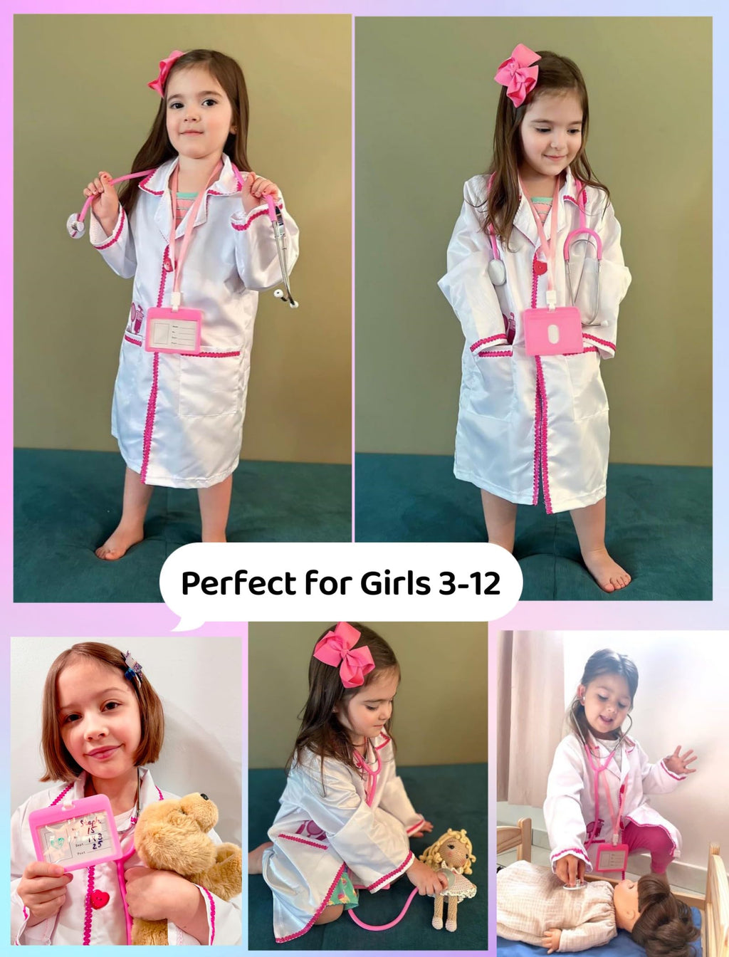 ANPHILE Kids Doctor Costume Set – White & Pink Lab Coat with Working Stethoscope for Toddler Girls Ages 3-8