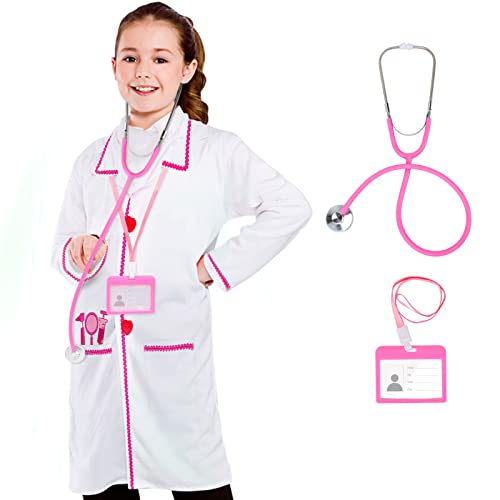 ANPHILE Kids Doctor Costume Set – White & Pink Lab Coat with Working Stethoscope for Toddler Girls Ages 3-8