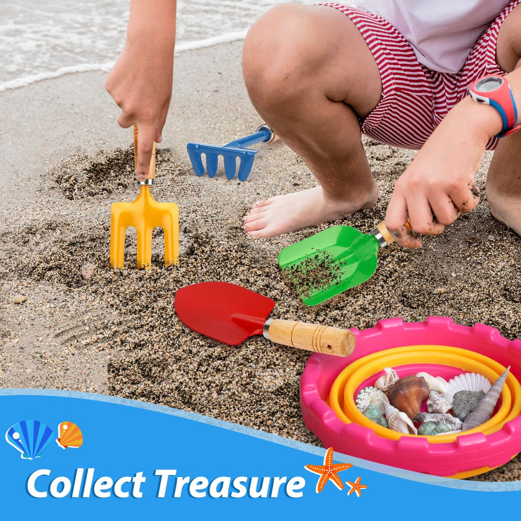 Anzmtosn Kids Metal Garden Tool Set – 4-Piece Sandbox & Beach Toy Kit with Rake, Spade, Hoe, Leaf Rake